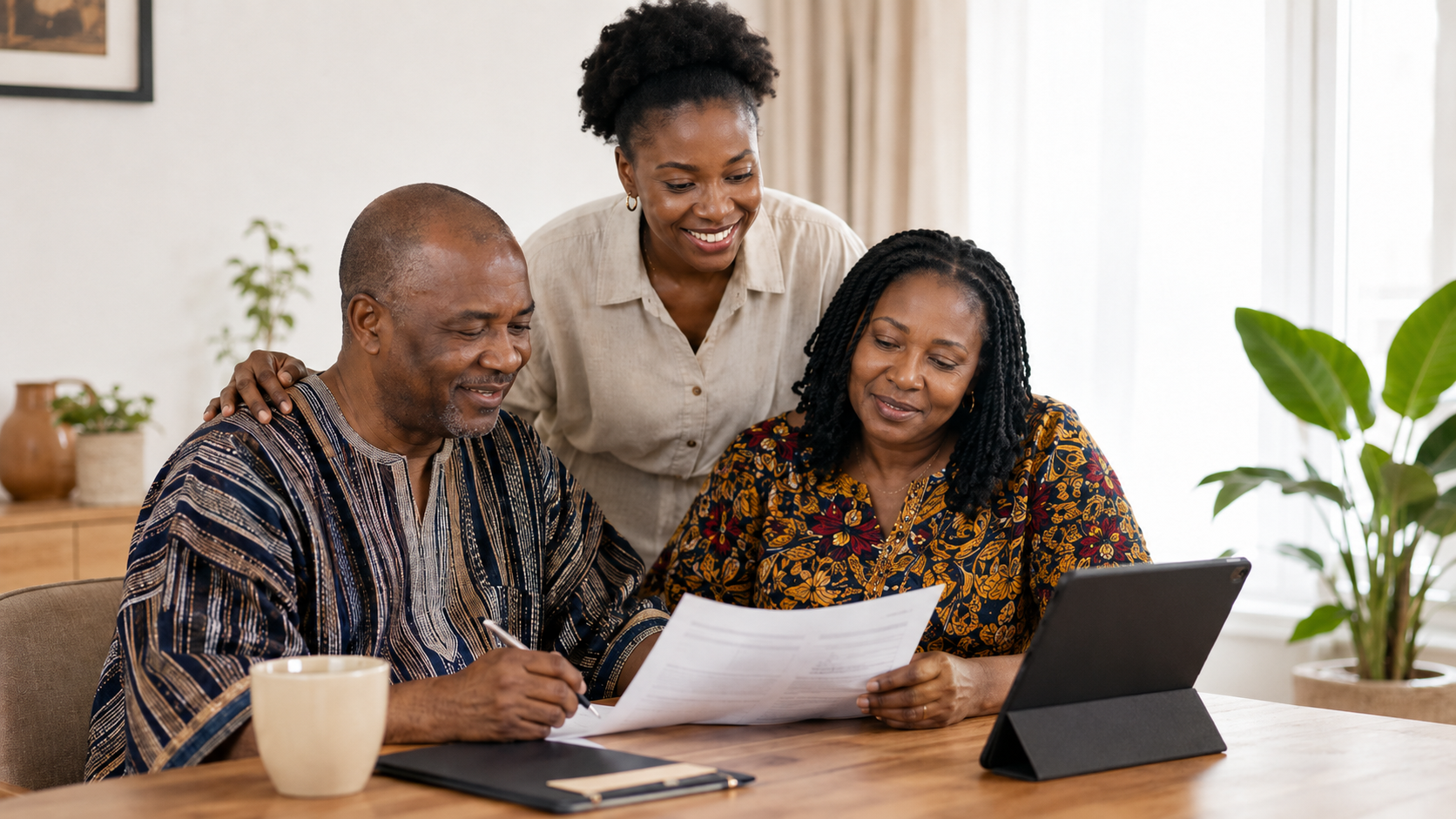 A Ghanaian family working through their will together at home.