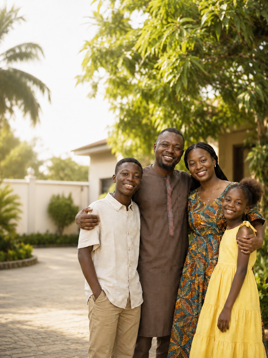 A Ghanaian family of four smiling together outside their home — protecting what matters most.